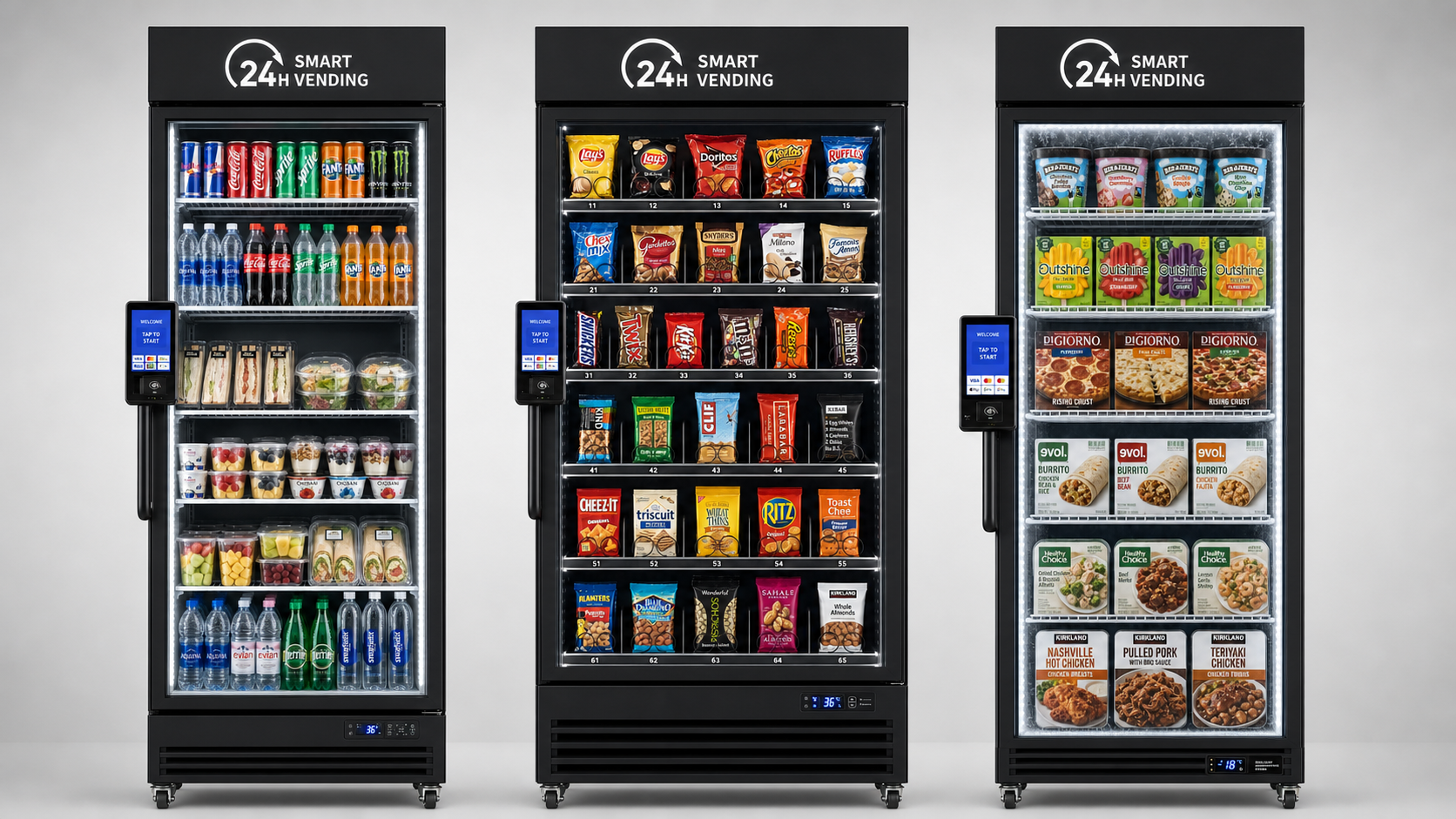 Three identical HaHa Vending AI smart vending machines side by side: refrigerated, ambient, and freezer models