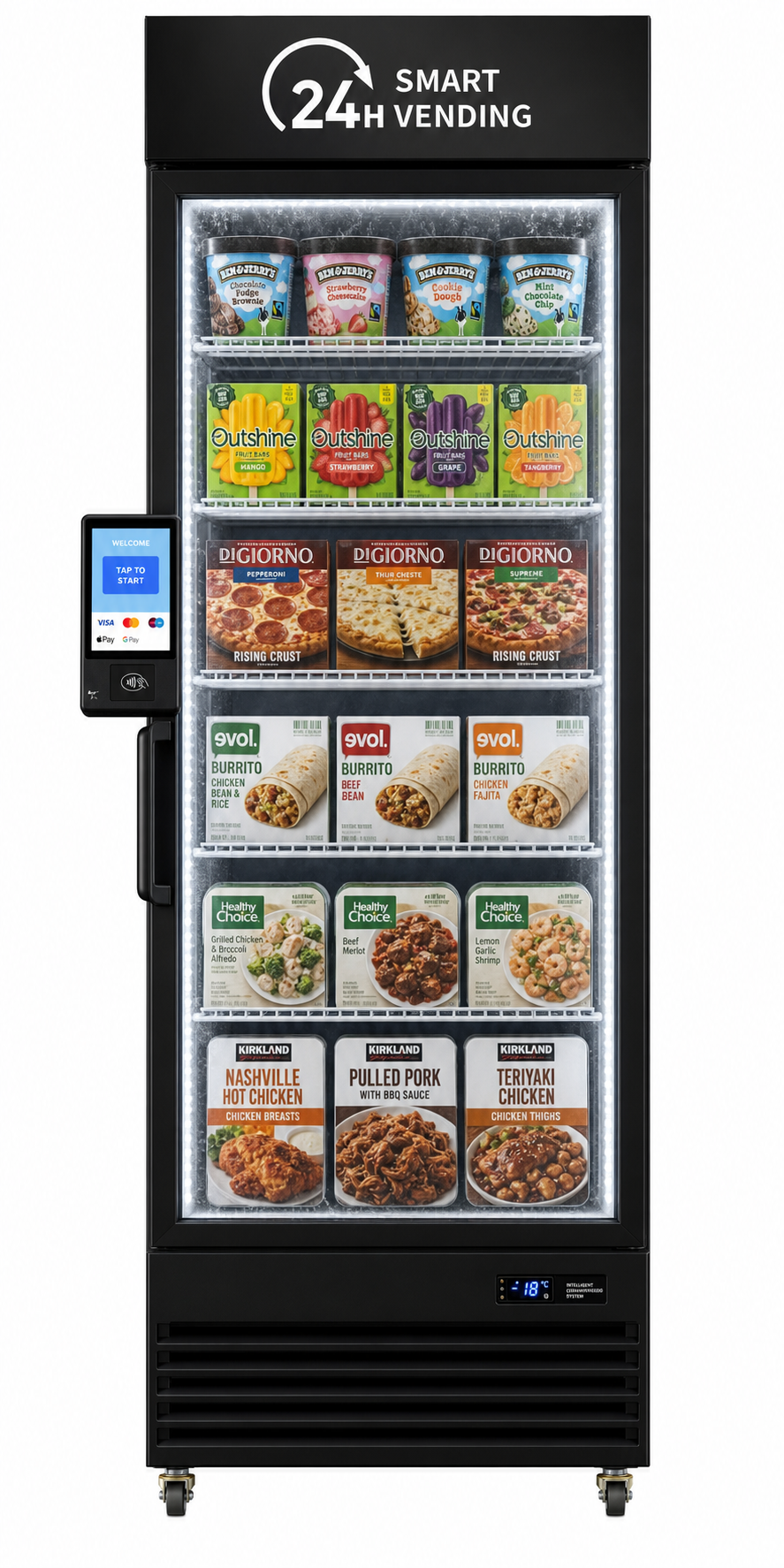 HaHa Vending freezer smart vending machine stocked with frozen meals and ice cream