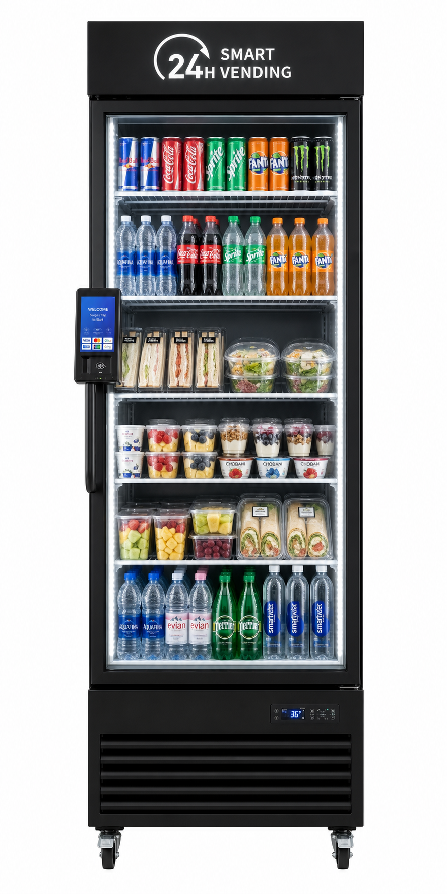 HaHa Vending refrigerated smart vending machine stocked with cold drinks and fresh food