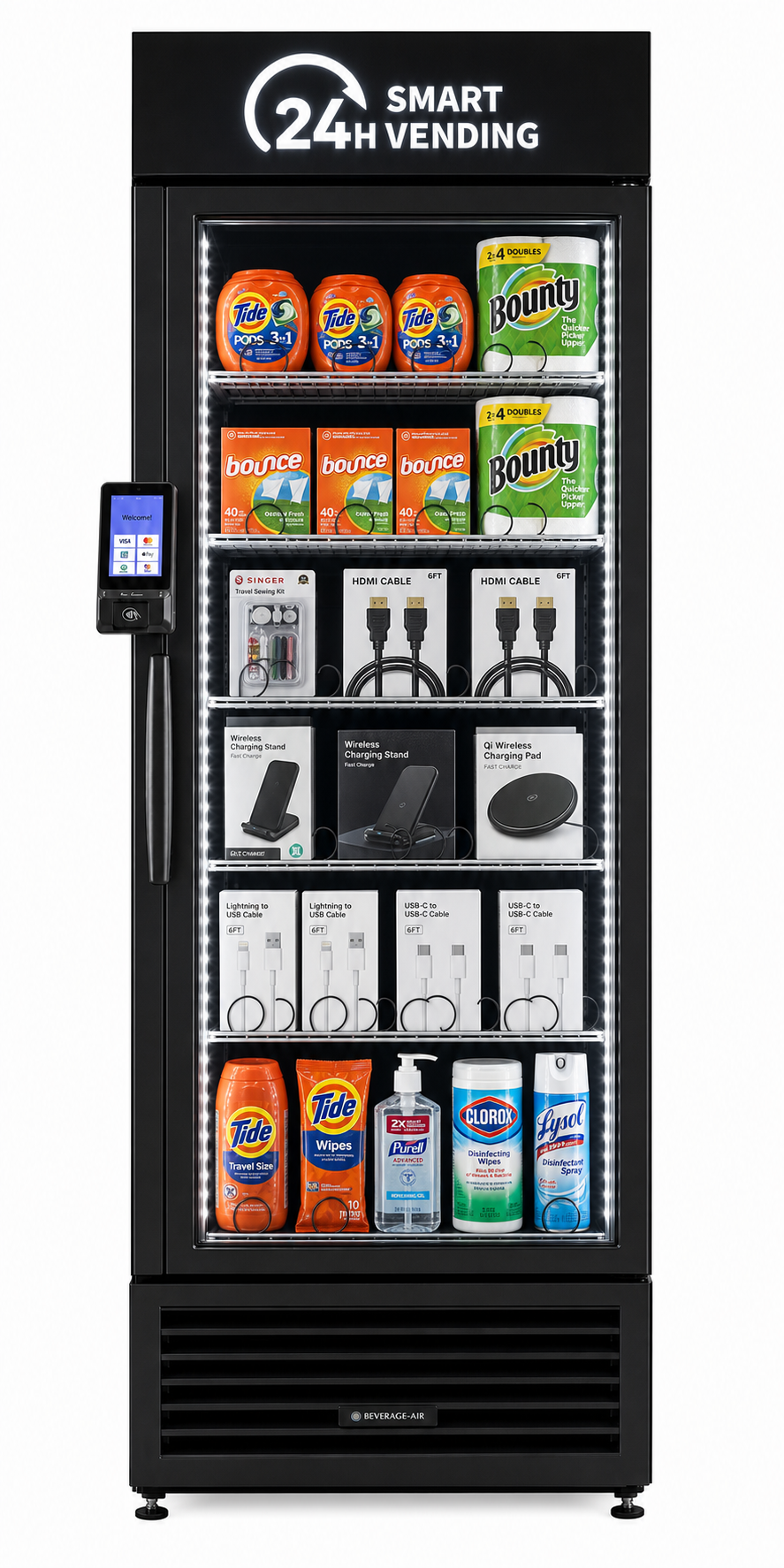 HaHa Vending sundries smart vending machine stocked with everyday essentials like laundry detergent, paper towels, and charging cables